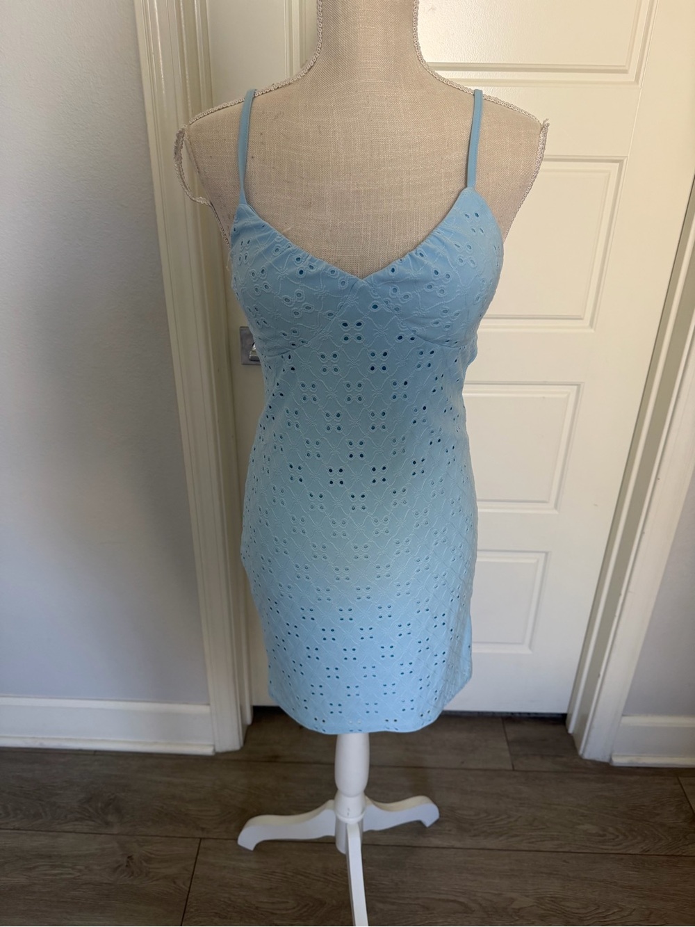 Light Blue Eyelet Spaghetti Strap Mini Dress